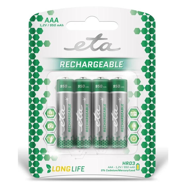 Batéria nabíjacia ETA AAA, HR03, 950mAh, Ni-MH, blister 4 ks mikroceruzka
